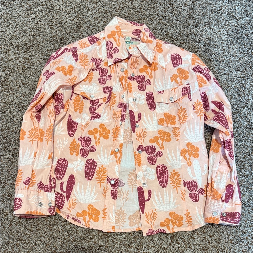 Kids Cactus Print Button Down Shirt - Orange and Purple